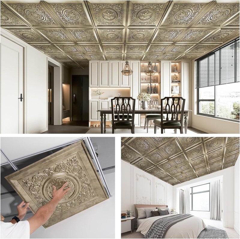 WOWSTAR 12-Pack 24"x24" Drop Ceiling Tiles, Vintage Style Waterproof Glue up Ceiling Panels Decor, Antique Gold - Image 5